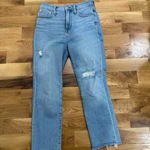 Madewell Blue Straight Leg Jeans with Distressed Detail